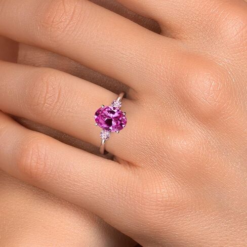 GEM Stone King 14K White Gold Pink خلق الياقوت والوردي مختبر نمت خاتم الماس للنساء | 3.51 CTTW | البيضاوي 10x8mm | الأحجار الكريمة سبتمبر المولد | متوفر بحجم 5،6،7،8،9 in Saudi Arabia