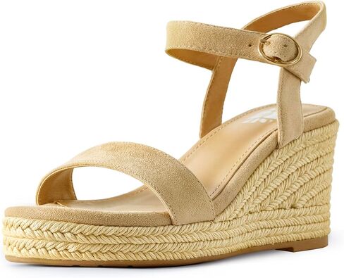 صنادل DREAMCIA Espadrilles Strappy من الجلد السويدي بكعب عريض للنساء صنادل صيفية أنيقة بحزام الكاحل بإبزيم مفتوح من الأمام in Kuwait