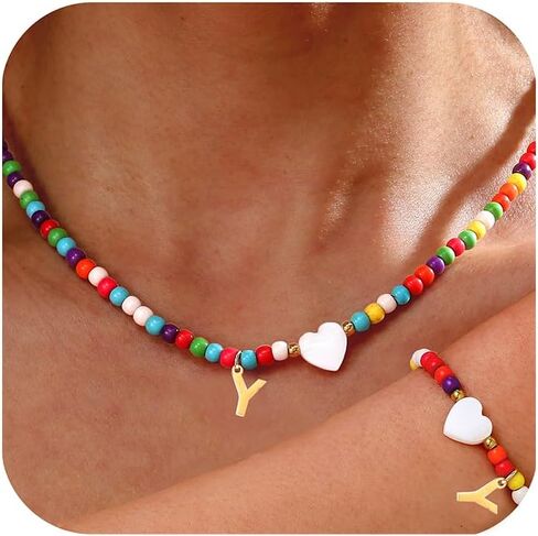 Initial Necklace Bracelet Set for Women - Colorful Beaded Jewelry, Letter Initial A-Z Necklace Friendship Bracelets Gifts for Women Teen in Saudi Arabia