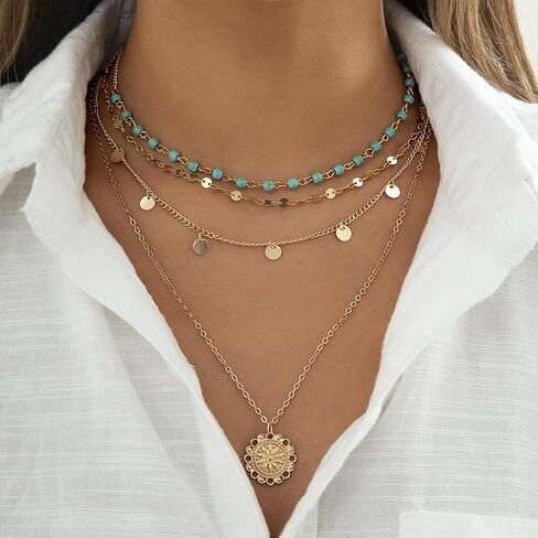Boho Layered Necklace Western Jewelry for Women,4pcs Gold Vintage Stack Layering Metal Sequin Choker,Turquoise Coin Long Necklace Beach Jewelry in Saudi Arabia
