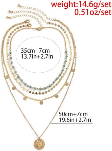 Boho Layered Necklace Western Jewelry for Women,4pcs Gold Vintage Stack Layering Metal Sequin Choker,Turquoise Coin Long Necklace Beach Jewelry in Saudi Arabia