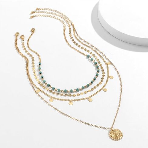 Boho Layered Necklace Western Jewelry for Women,4pcs Gold Vintage Stack Layering Metal Sequin Choker,Turquoise Coin Long Necklace Beach Jewelry in Saudi Arabia