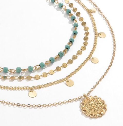 Boho Layered Necklace Western Jewelry for Women,4pcs Gold Vintage Stack Layering Metal Sequin Choker,Turquoise Coin Long Necklace Beach Jewelry in Saudi Arabia