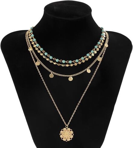 Boho Layered Necklace Western Jewelry for Women,4pcs Gold Vintage Stack Layering Metal Sequin Choker,Turquoise Coin Long Necklace Beach Jewelry in Saudi Arabia