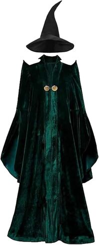 البروفيسور النسائي McGonagall Costume and Hat Witch Cosplay Green Robe Cloak Halloween Wizard Woverfit in Saudi Arabia