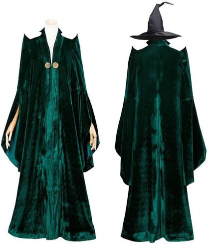 البروفيسور النسائي McGonagall Costume and Hat Witch Cosplay Green Robe Cloak Halloween Wizard Woverfit in Saudi Arabia