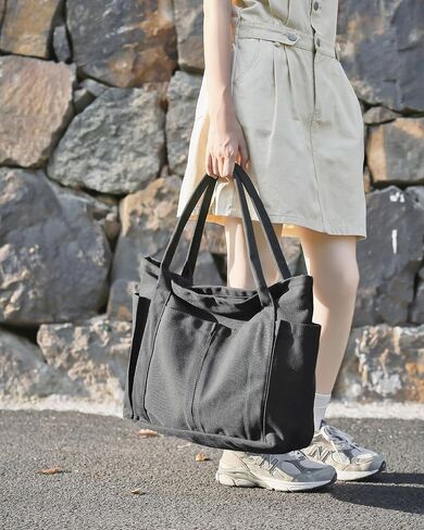 Large Canvas Tote Bag with Zipper and Laptop Compartment, Crossbody Utility Bag for Women, Multi-Pocket Shoulder Bag for College, Work, and Travel, Spacious Everyday Carryall for Laptop and Essentials in Saudi Arabia
