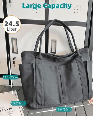 Large Canvas Tote Bag with Zipper and Laptop Compartment, Crossbody Utility Bag for Women, Multi-Pocket Shoulder Bag for College, Work, and Travel, Spacious Everyday Carryall for Laptop and Essentials in Saudi Arabia