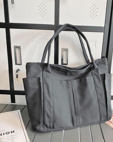 Large Canvas Tote Bag with Zipper and Laptop Compartment, Crossbody Utility Bag for Women, Multi-Pocket Shoulder Bag for College, Work, and Travel, Spacious Everyday Carryall for Laptop and Essentials in Saudi Arabia