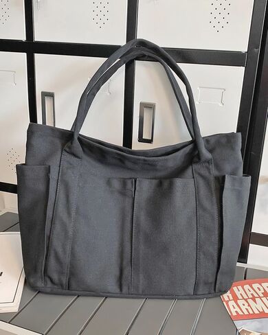 Large Canvas Tote Bag with Zipper and Laptop Compartment, Crossbody Utility Bag for Women, Multi-Pocket Shoulder Bag for College, Work, and Travel, Spacious Everyday Carryall for Laptop and Essentials in Saudi Arabia