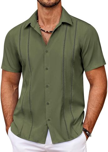 قميص COOFANDY الرجالي الكوبي Guayabera بأكمام قصيرة وأزرار للأسفل قمصان الصيف للشاطئ قميص غير رسمي لقضاء العطلات ملابس المنتجعات in Saudi Arabia
