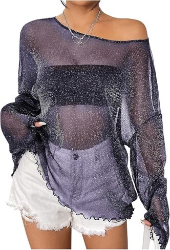 Verdusa Women's Glitter Mesh See Through Long Sleeve Oversized Tee Shirt Sheer Poncho Top in Saudi Arabia