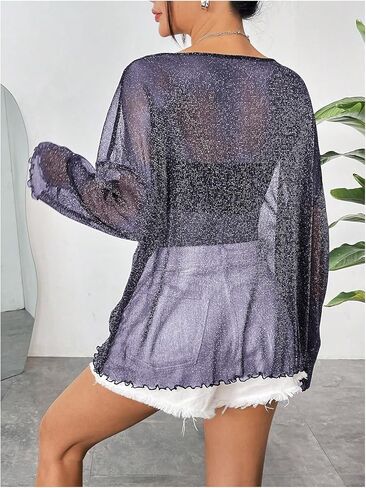 Verdusa Women's Glitter Mesh See Through Long Sleeve Oversized Tee Shirt Sheer Poncho Top in Saudi Arabia