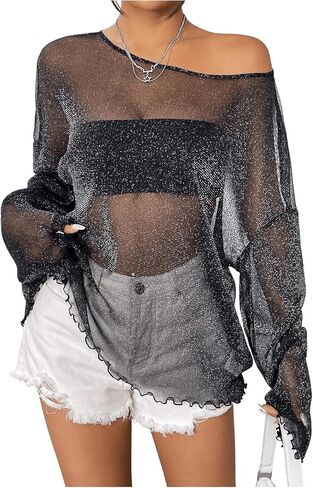 Verdusa Women's Glitter Mesh See Through Long Sleeve Oversized Tee Shirt Sheer Poncho Top in Saudi Arabia