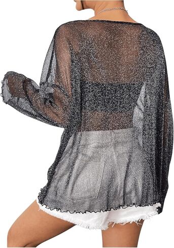 Verdusa Women's Glitter Mesh See Through Long Sleeve Oversized Tee Shirt Sheer Poncho Top in Saudi Arabia