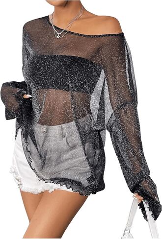 Verdusa Women's Glitter Mesh See Through Long Sleeve Oversized Tee Shirt Sheer Poncho Top in Saudi Arabia