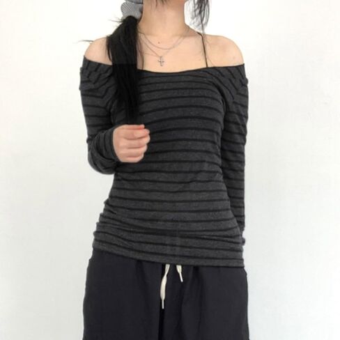 Women Striped Long Sleeve Grunge Shirt Tops Off The Shoulder Y2K Gothic Aesthetic Fairy T Shirts Vintage Tee Fall Clothes in Saudi Arabia