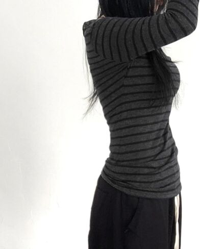 Women Striped Long Sleeve Grunge Shirt Tops Off The Shoulder Y2K Gothic Aesthetic Fairy T Shirts Vintage Tee Fall Clothes in Saudi Arabia