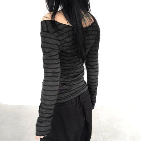 Women Striped Long Sleeve Grunge Shirt Tops Off The Shoulder Y2K Gothic Aesthetic Fairy T Shirts Vintage Tee Fall Clothes in Saudi Arabia