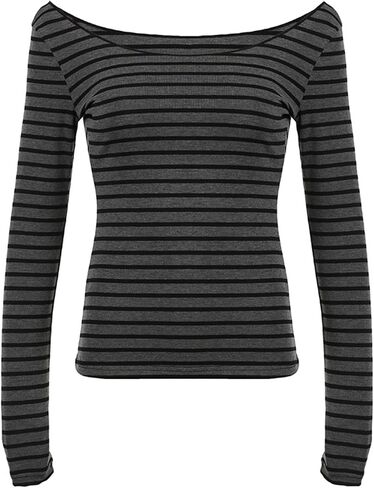 Women Striped Long Sleeve Grunge Shirt Tops Off The Shoulder Y2K Gothic Aesthetic Fairy T Shirts Vintage Tee Fall Clothes in Saudi Arabia