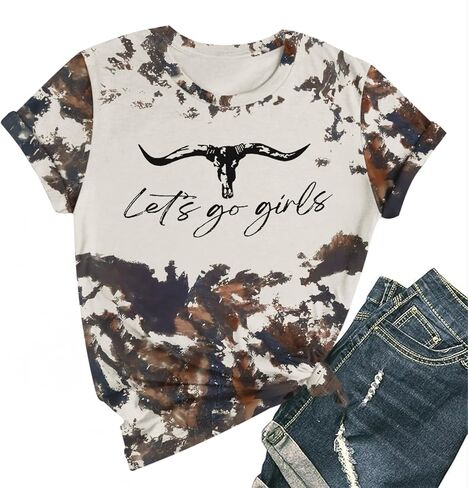 Let's Go Girls Cowgirl Shirt Western Cow Skull Country Music Shirts for Women Cute Rodeo Vintage Bleached Tees Tops in Saudi Arabia