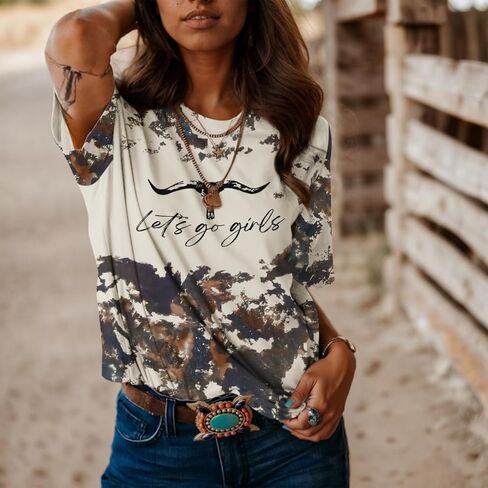 Let's Go Girls Cowgirl Shirt Western Cow Skull Country Music Shirts for Women Cute Rodeo Vintage Bleached Tees Tops in Saudi Arabia