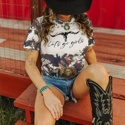 Let's Go Girls Cowgirl Shirt Western Cow Skull Country Music Shirts for Women Cute Rodeo Vintage Bleached Tees Tops in Saudi Arabia