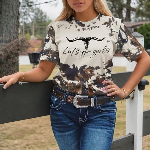 Let's Go Girls Cowgirl Shirt Western Cow Skull Country Music Shirts for Women Cute Rodeo Vintage Bleached Tees Tops in Saudi Arabia