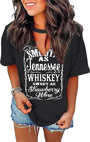 Smooth As Tennessee Whiskey Sweet As Strawberry Wine T-Shirt Women Sexy V-Neck Shirt Country Music Short Sleeve Shirt in Saudi Arabia