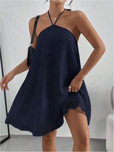 Makemechic Women's Summer Mini Dress Fress Sideveless Tie Back Halter Flowy Short Short in Saudi Arabia