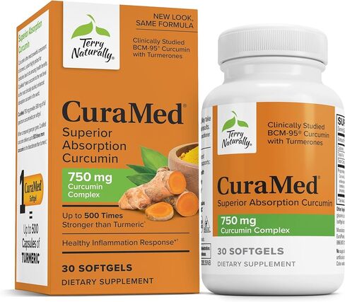 Terry Naturally Curamed 750 Mg Curcumin Complex - 90 Softgels - امتصاص فائق BCM -95 - غير المعدلة وراثيًا ، خالية من الغلوتين ، حلال - 90 حصة in Kuwait