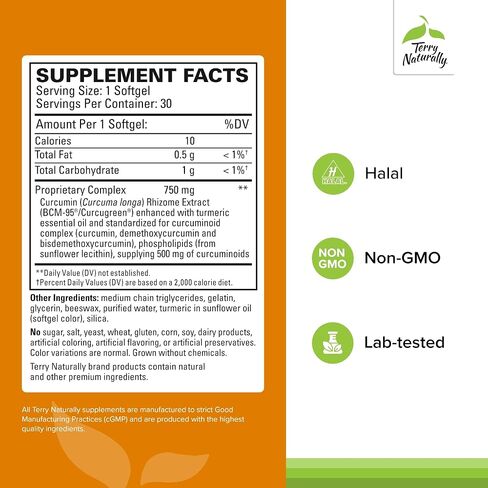 Terry Naturally Curamed 750 Mg Curcumin Complex - 90 Softgels - امتصاص فائق BCM -95 - غير المعدلة وراثيًا ، خالية من الغلوتين ، حلال - 90 حصة in Kuwait