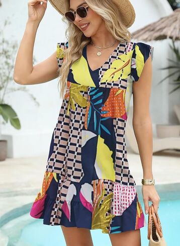 JOCAFIYE Summer Dresses for Women 2026 Cute Cap Sleeve V-Neck Flowy Swing Sundress Mini Dress in Saudi Arabia