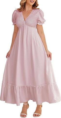 Plus Size Maxi Dresses - Black Empire Waist Dress for Women: Flowy Tiered Short Puff Sleeve Dresses for Beach 2025 in Saudi Arabia