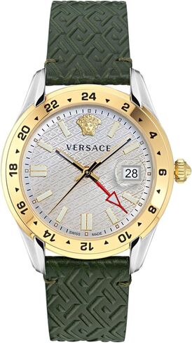 Versace Greca Time GMT Collection Luxury Mens Watch Timepieces with a Green Strap Featuring a Two Tone Case and a Silver Dial in Saudi Arabia