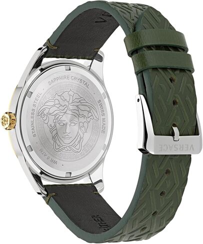 Versace Greca Time GMT Collection Luxury Mens Watch Timepieces with a Green Strap Featuring a Two Tone Case and a Silver Dial in Saudi Arabia