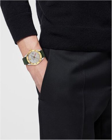Versace Greca Time GMT Collection Luxury Mens Watch Timepieces with a Green Strap Featuring a Two Tone Case and a Silver Dial in Saudi Arabia