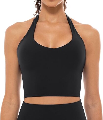 Lavento Women's V-Neck Halter Sports Bra Longline Padded Yoga Crop Bras Top in Kuwait