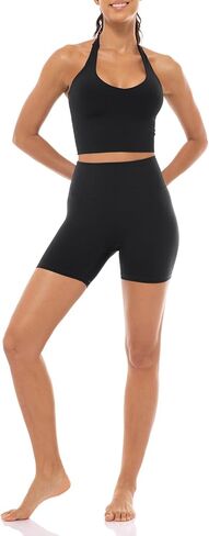 Lavento Women's V-Neck Halter Sports Bra Longline Padded Yoga Crop Bras Top in Kuwait