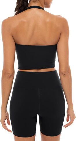 Lavento Women's V-Neck Halter Sports Bra Longline Padded Yoga Crop Bras Top in Kuwait