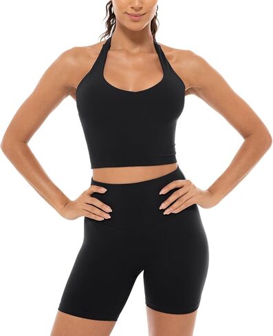 Lavento Women's V-Neck Halter Sports Bra Longline Padded Yoga Crop Bras Top in Kuwait