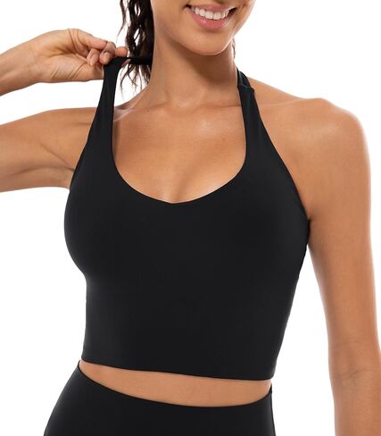 Lavento Women's V-Neck Halter Sports Bra Longline Padded Yoga Crop Bras Top in Kuwait