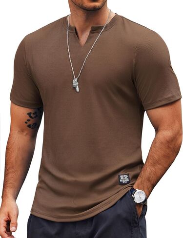 COOFANDY Workout Shirts for Men Short Sleeve Muscle Shirt V Neck Ribbed Fitted T Shirts Gym Tees Brown in Saudi Arabia
