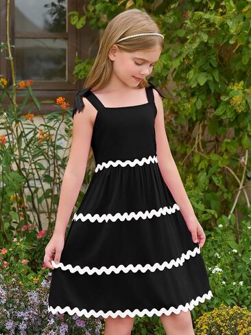Haloumoning Girl's Sundresses Kids Summer Sleeveless Bowknot Strap RIC Rac Smocked Summer Dresses 5-14 Years in Saudi Arabia