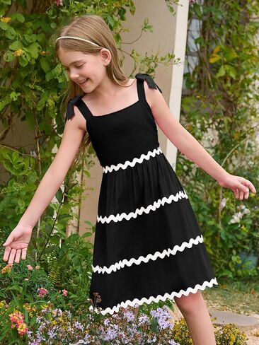 Haloumoning Girl's Sundresses Kids Summer Sleeveless Bowknot Strap RIC Rac Smocked Summer Dresses 5-14 Years in Saudi Arabia