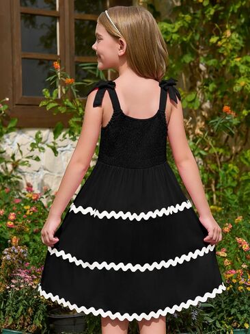Haloumoning Girl's Sundresses Kids Summer Sleeveless Bowknot Strap RIC Rac Smocked Summer Dresses 5-14 Years in Saudi Arabia