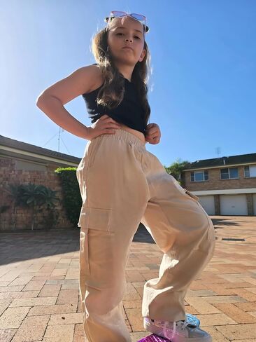JiAmy Girls Cargo Pants Elastic High Waist Drawstring Pants Jogger Trousers Casual Loose with Pockets 6-14Y in Saudi Arabia