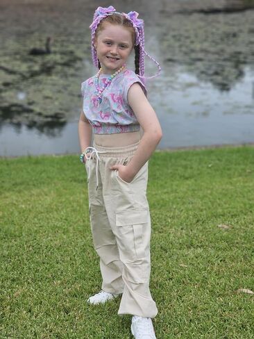JiAmy Girls Cargo Pants Elastic High Waist Drawstring Pants Jogger Trousers Casual Loose with Pockets 6-14Y in Saudi Arabia