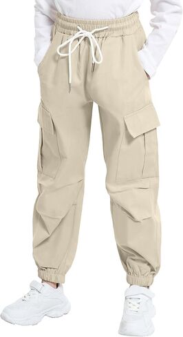 JiAmy Girls Cargo Pants Elastic High Waist Drawstring Pants Jogger Trousers Casual Loose with Pockets 6-14Y in Saudi Arabia