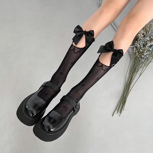 Benefeet Sox Fishnet Knee Highs Stockings with Bow Women Girls Black White Lace Knee High Socks Hollow Out Trouser Socks in Saudi Arabia